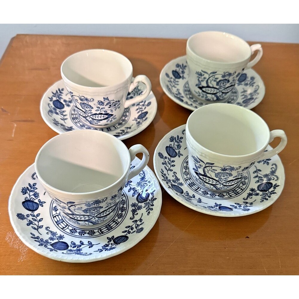 Enoch Wedgwood Tunstall Blue Heritage Blue Onion Cups & Saucers-Set of 4 Vintage